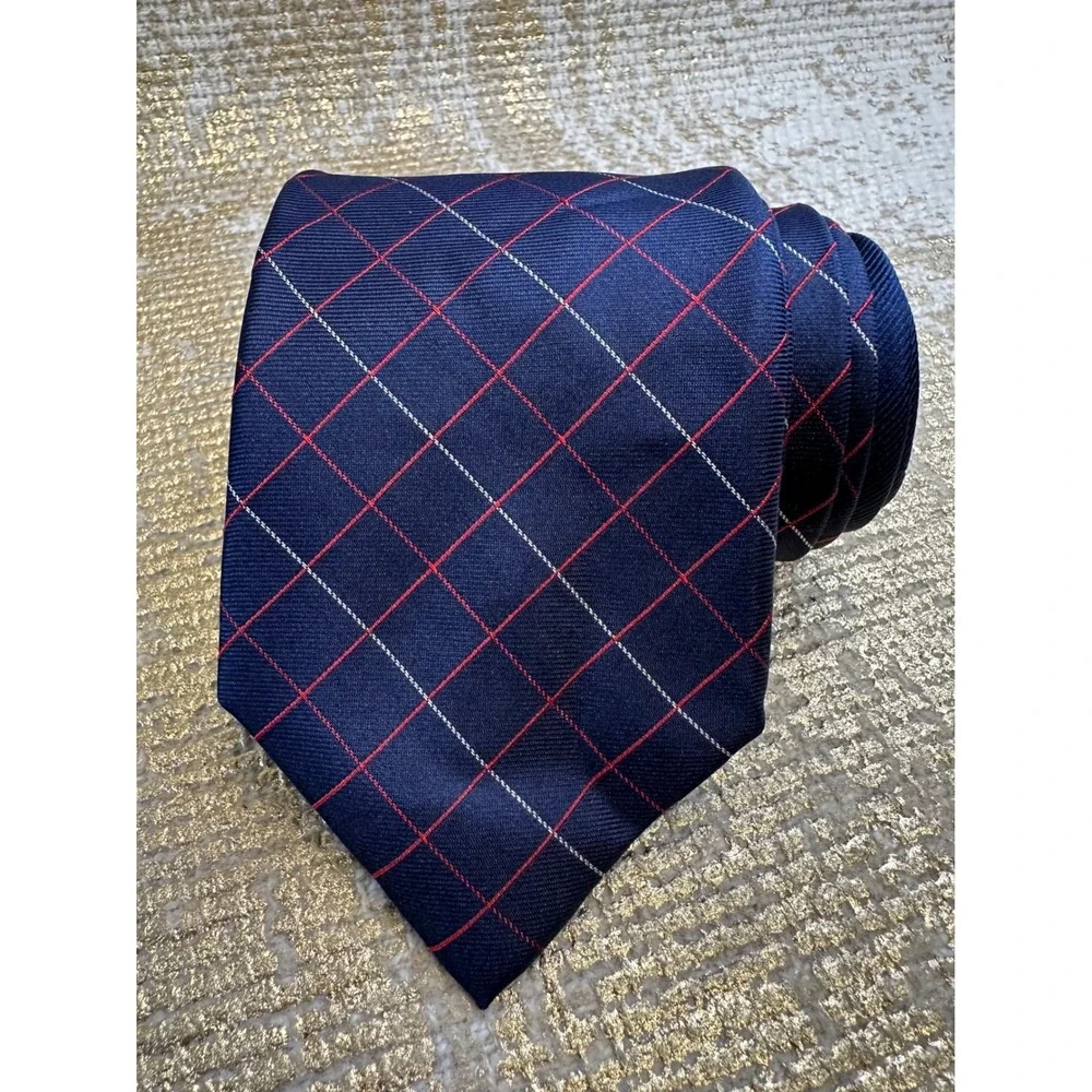 TOMMY HILFIGER Men's Navy Blue Red & White Silk Necktie Office Business Work